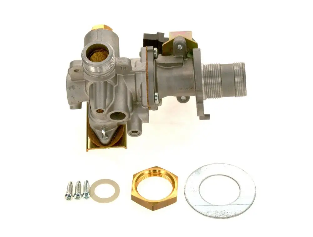Bosch Gasarmatur aus Metall mit verschiedenen Anschlussmöglichkeiten, darunter eine Montageplatte und mehrere Befestigungsteile.